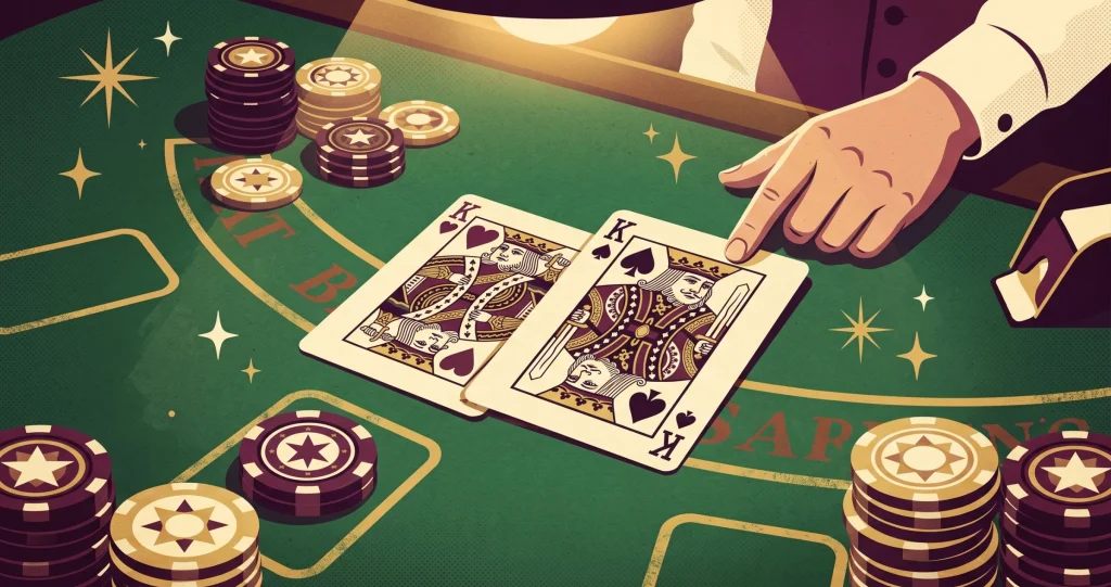 Blackjack masasında yan yana açılmış iki papaz kartı ve fiş yığınları